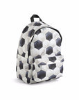 Backpack with soccer ball pattern on a white background