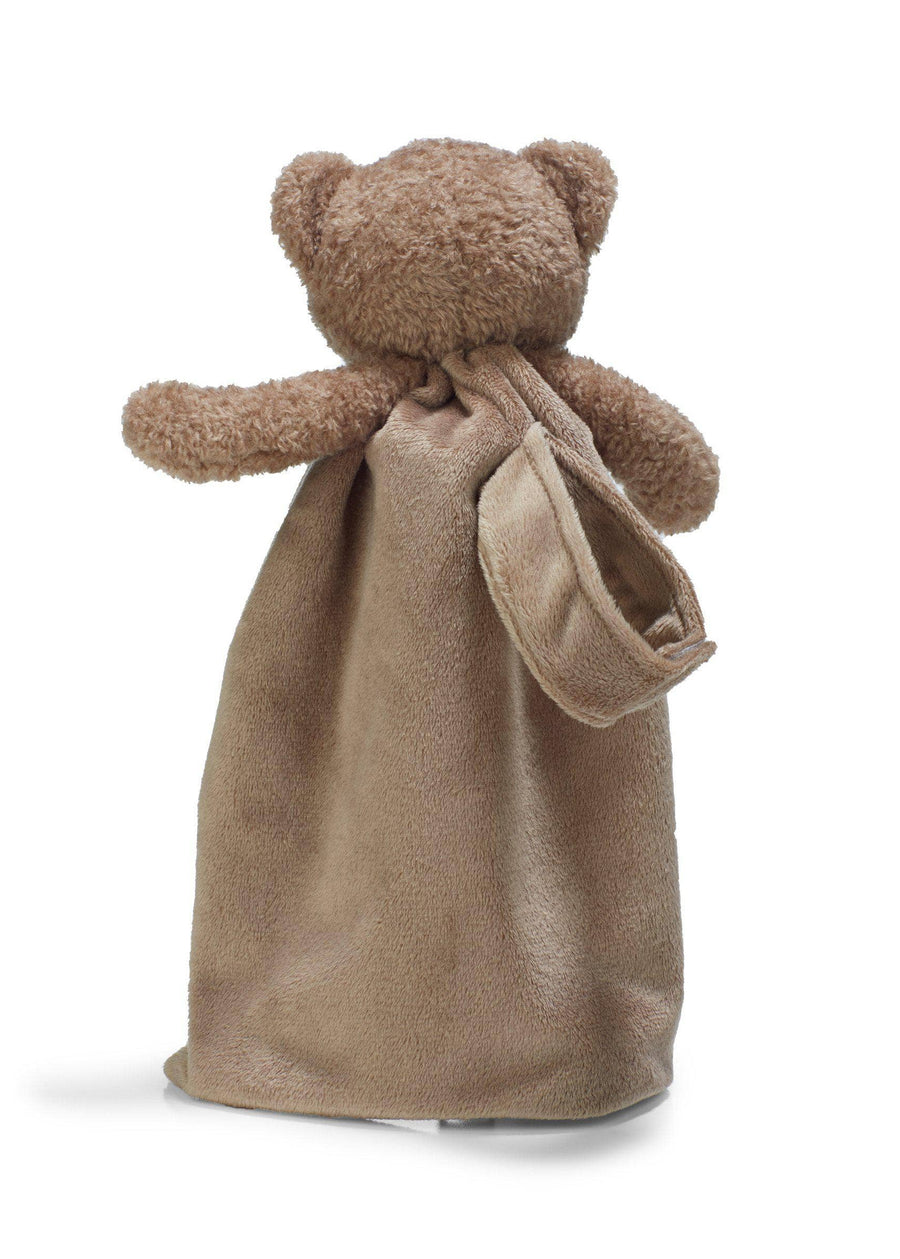 Brown teddy bear wrapped in a matching brown blanket on a white background