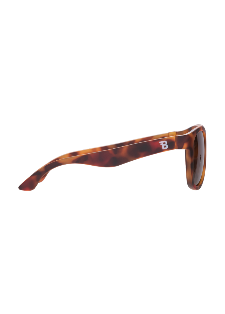 Sunglasses with tortoiseshell frame and 'B' logo on a white background