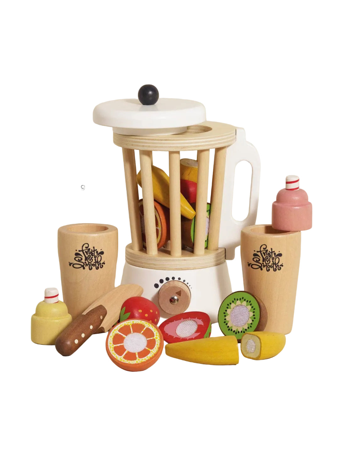 Wooden toy smoothie set with detachable jug and colorful fruits on a beige background