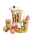 Wooden toy smoothie set with detachable jug and colorful fruits on a beige background