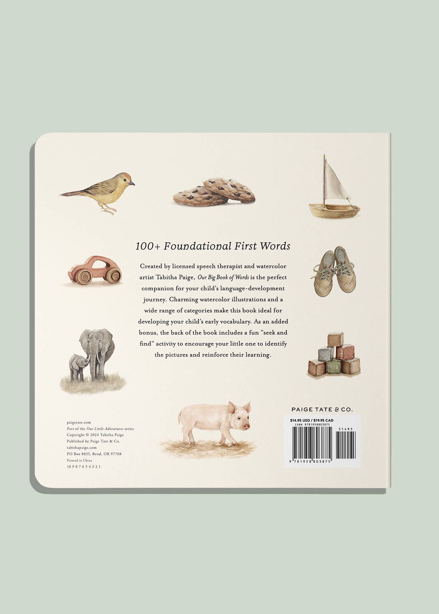 Back cover of a children's book with illustrations of animals and objects on a light green background