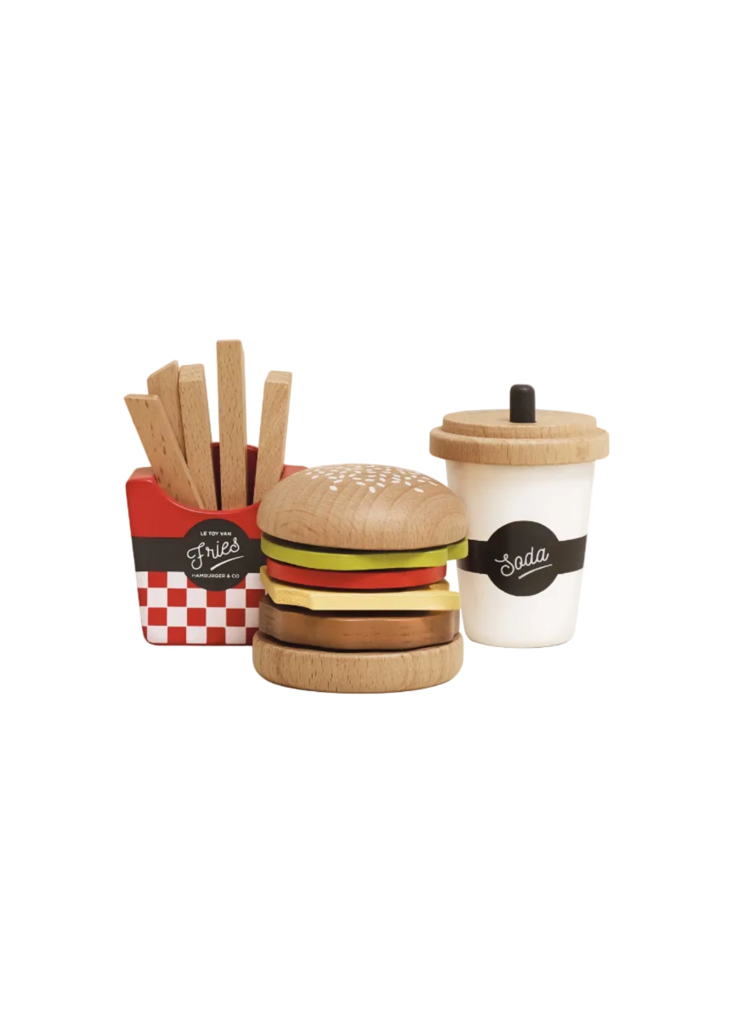 Wooden toy hamburger set with a cup labeled 'Soda' and fries container on a white background