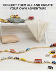 Wooden toy train set on a light-colored floor with text 'Collect them all and create your own adventure'.