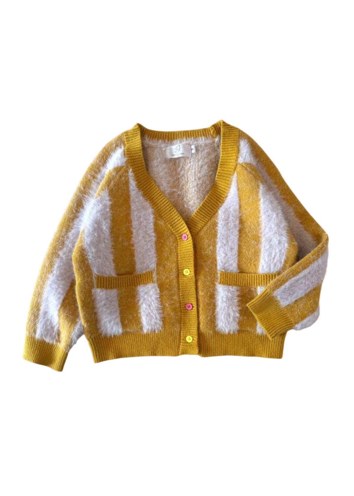 Yellow and white striped cardigan on a light gray background