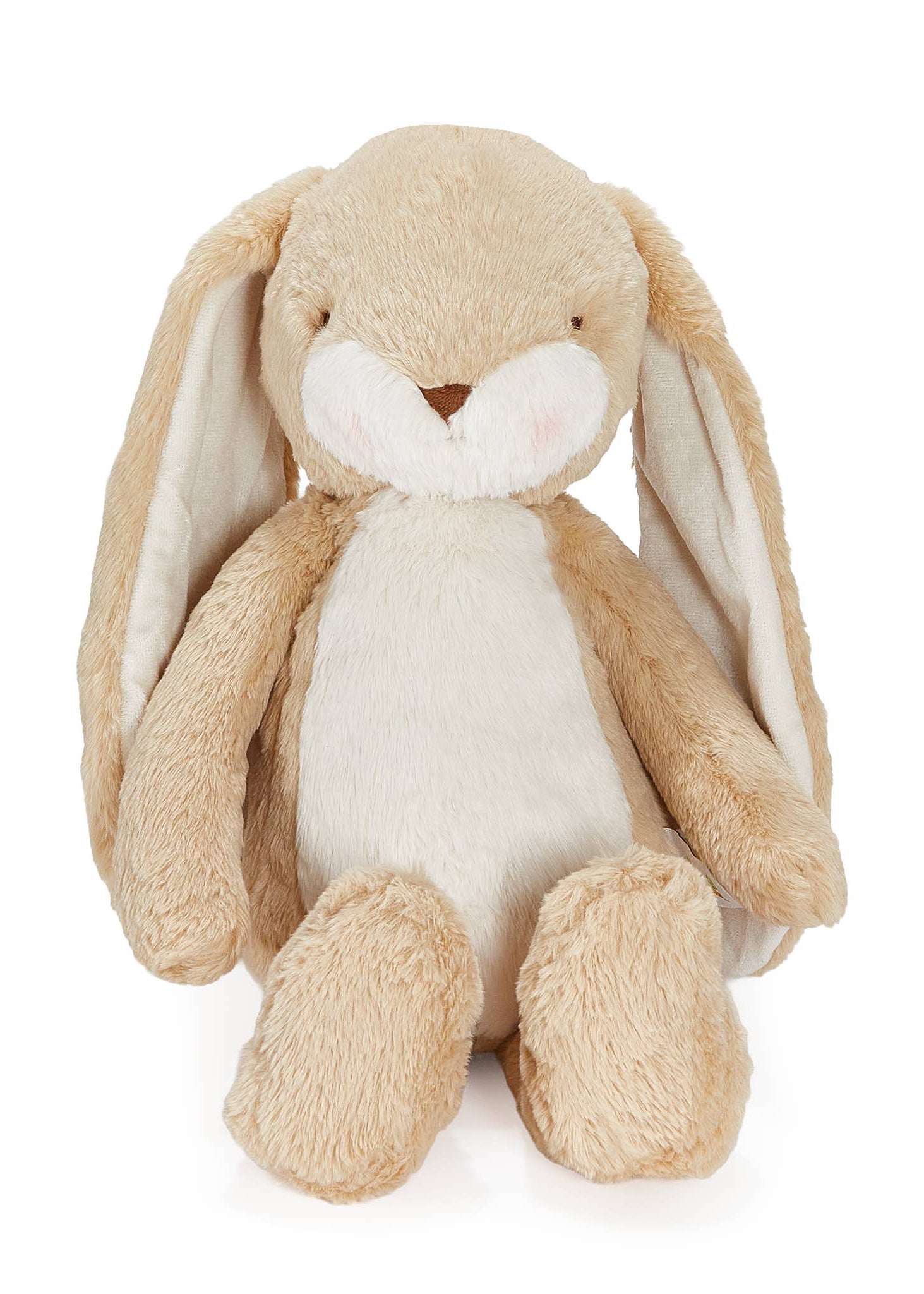 Plush toy rabbit with beige and white fur on a white background