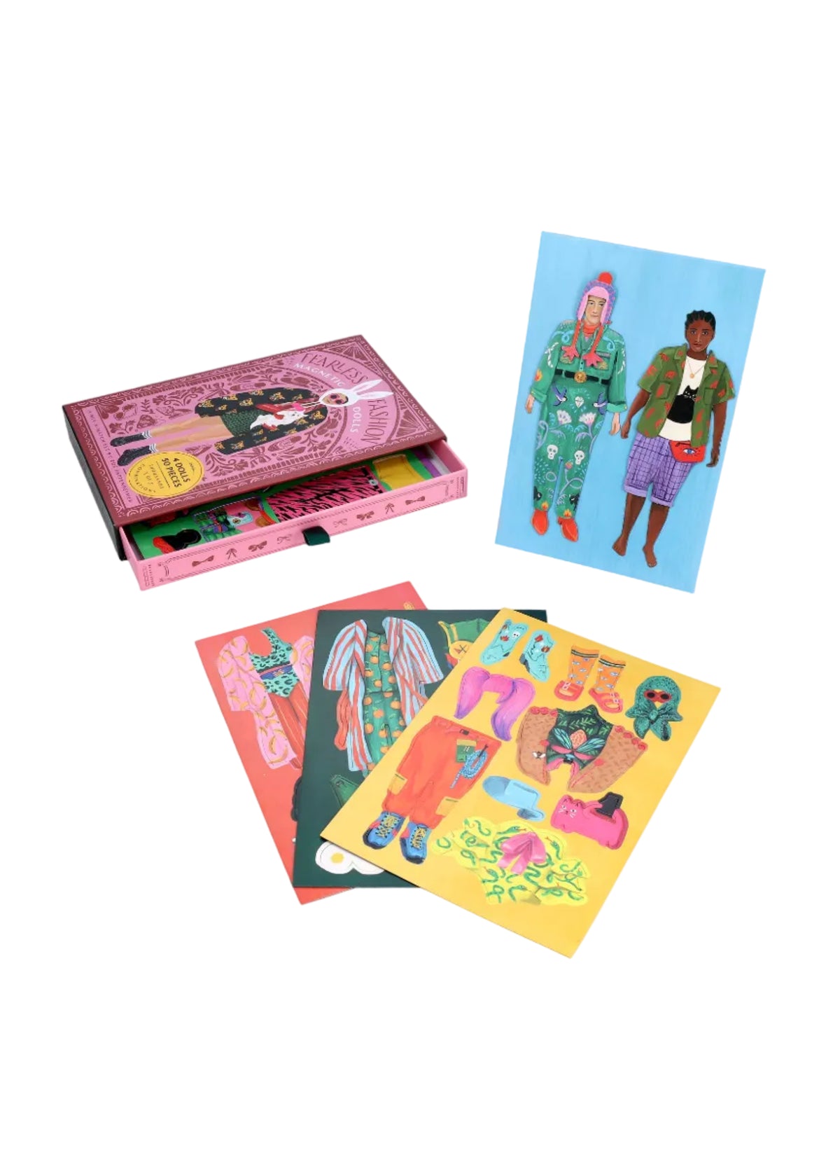 Colorful card set with illustrated characters and a pink box on a white background