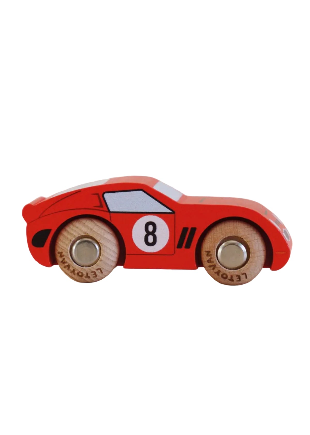 Red wooden toy car with the number 8 on a beige background