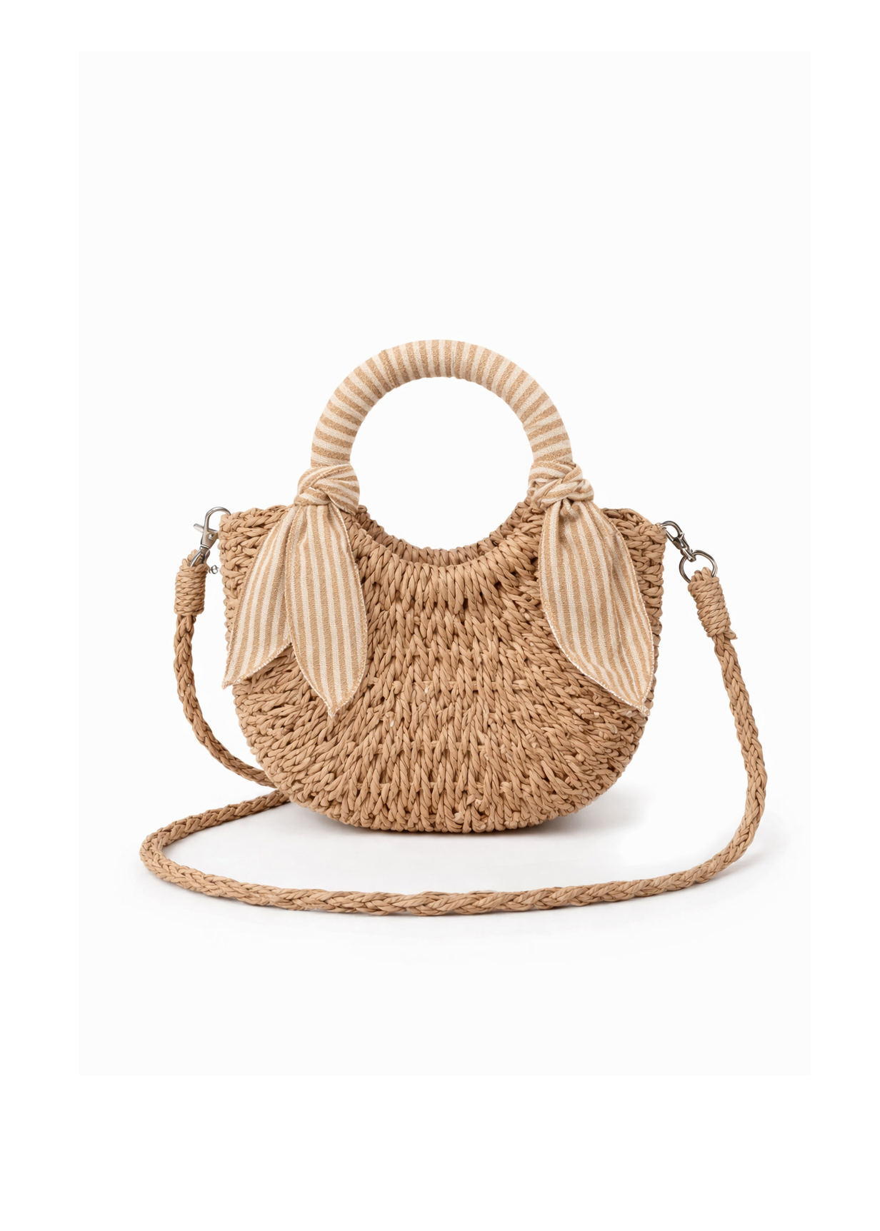 Woven handbag with circular handle and strap on a white background