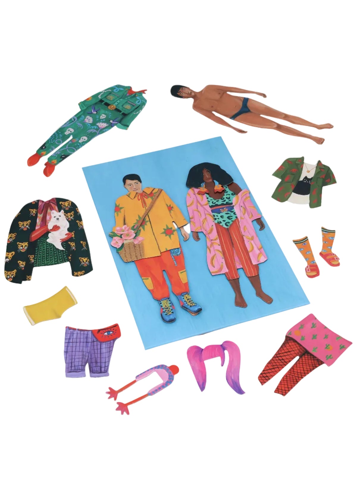 Colorful paper dolls and clothing on a white background