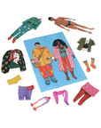 Colorful paper dolls and clothing on a white background