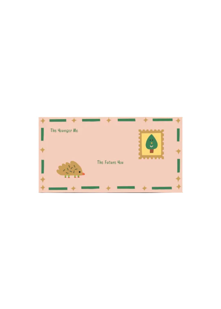 Illustration of a hedgehog and a tree with text 'The Younger Me' and 'The Future You' on a pink background.