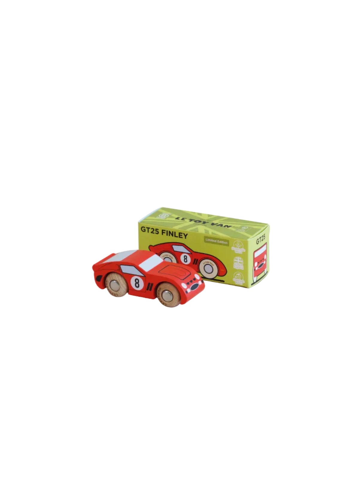 Red toy car with wooden wheels next to its packaging box on a beige background