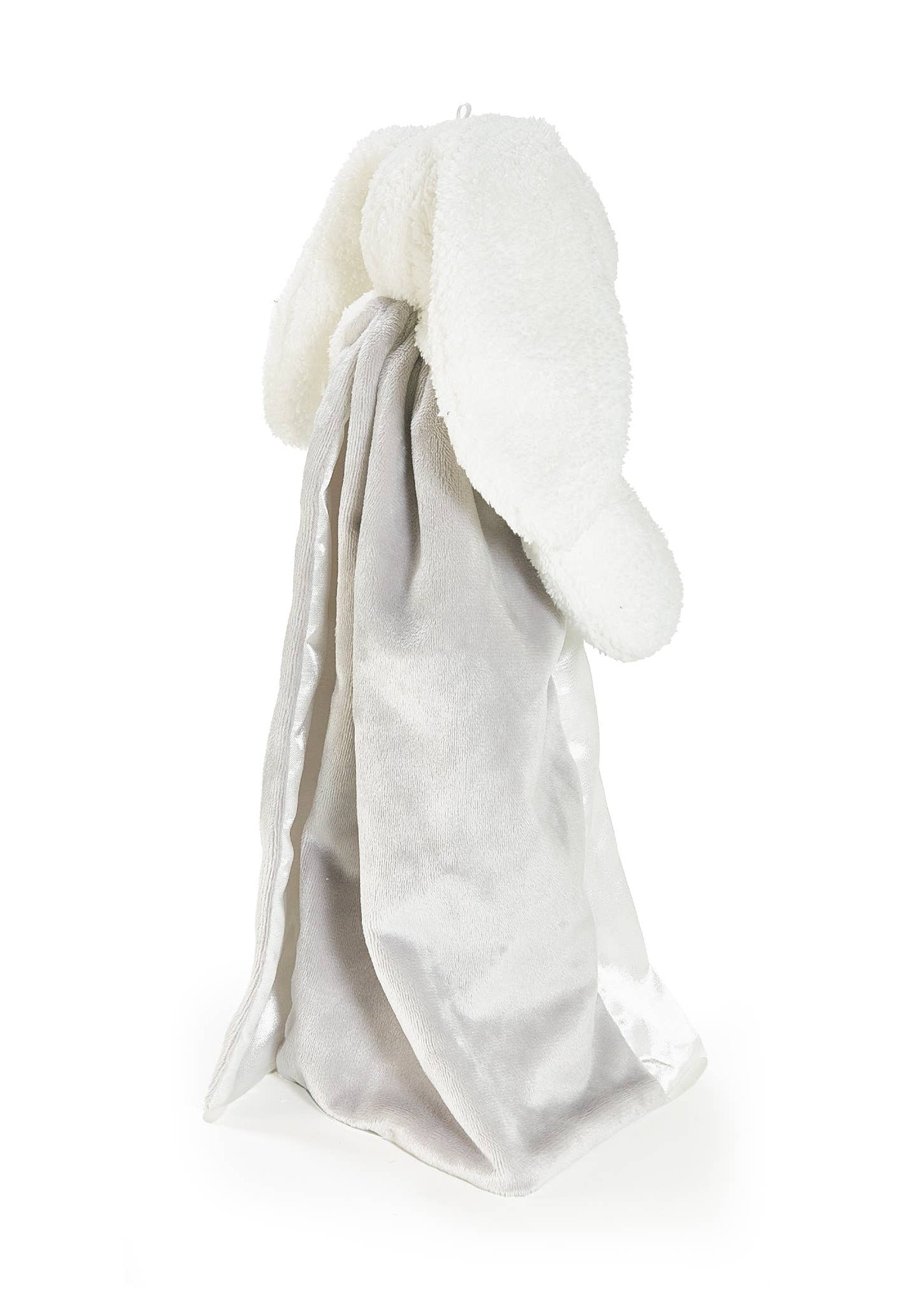 White baby blanket with bunny ears on a white background