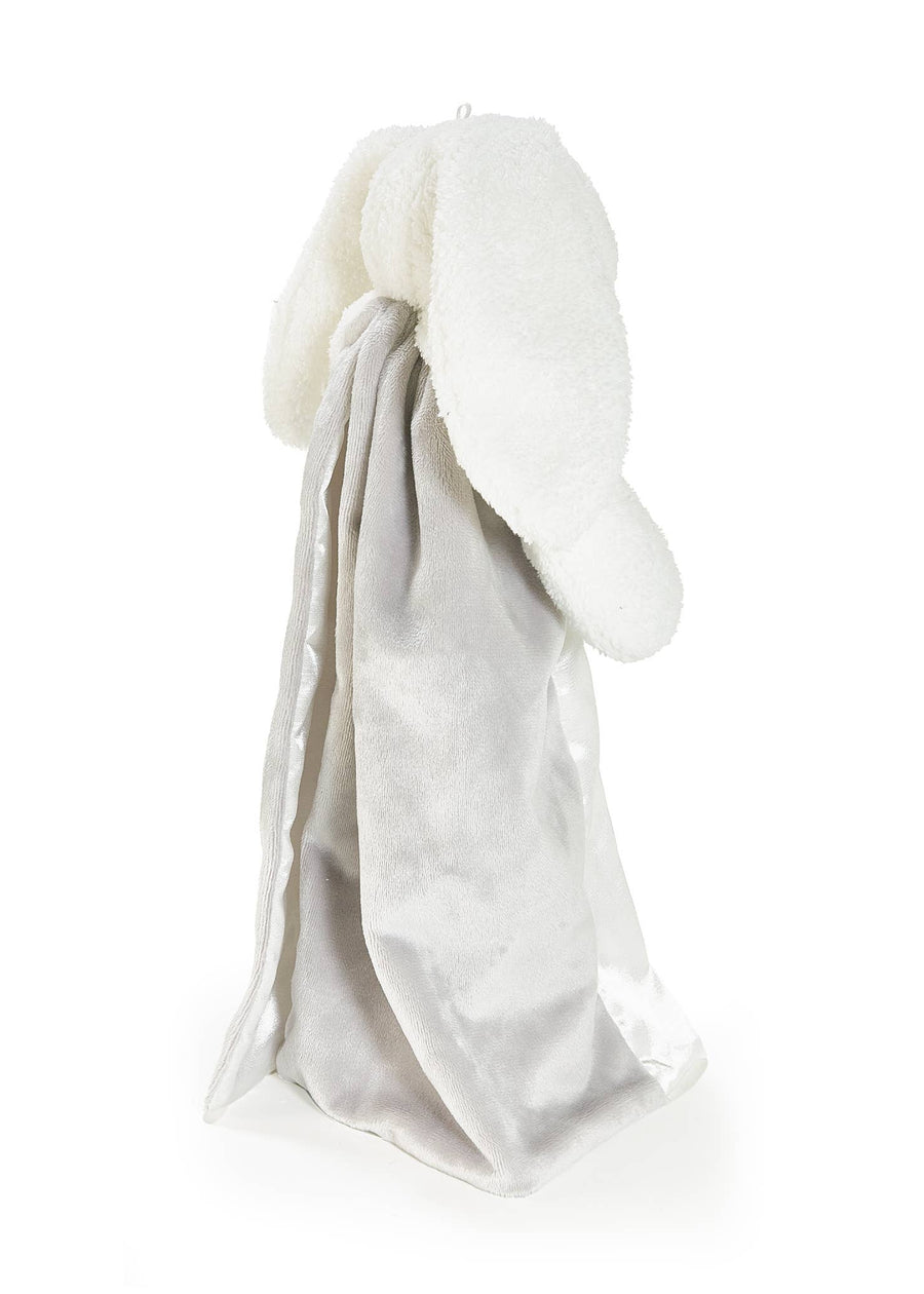 White baby blanket with bunny ears on a white background