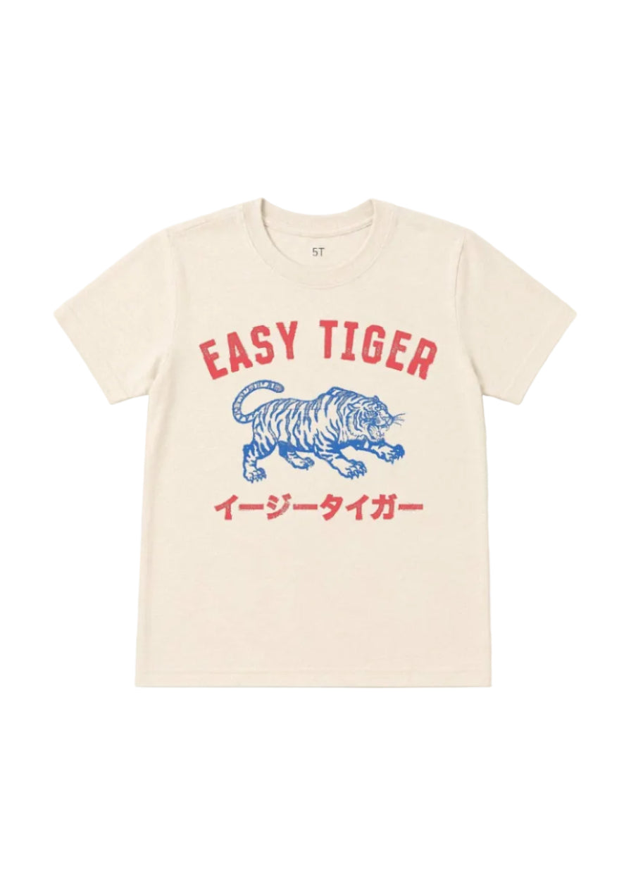 An off-white short-sleeve crewneck t-shirt featuring the classic 'EASY TIGER' graphic in red and blue on the front, with the brand name 'KENZO' visible on the graphic and inside neck label.