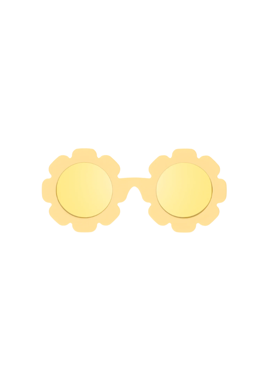 Yellow sunglasses with a sunflower design on a white background