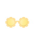 Yellow sunglasses with a sunflower design on a white background