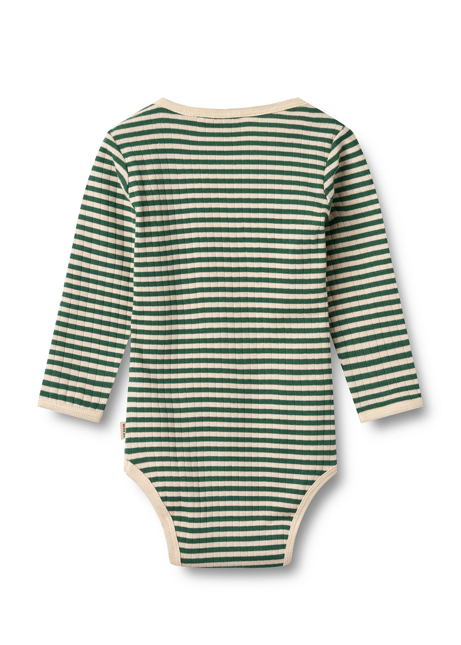 Green and white striped baby bodysuit on a white background