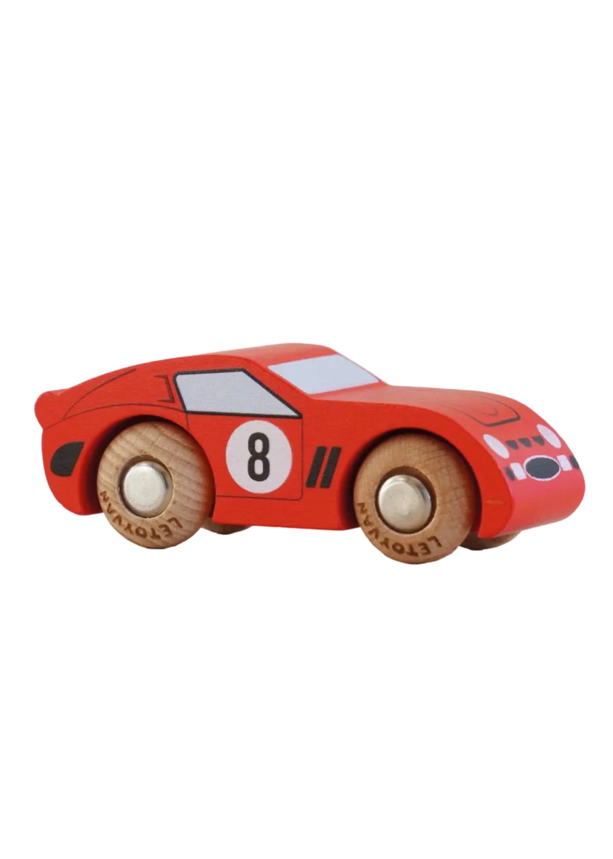 Red toy race car with wooden wheels on a beige background