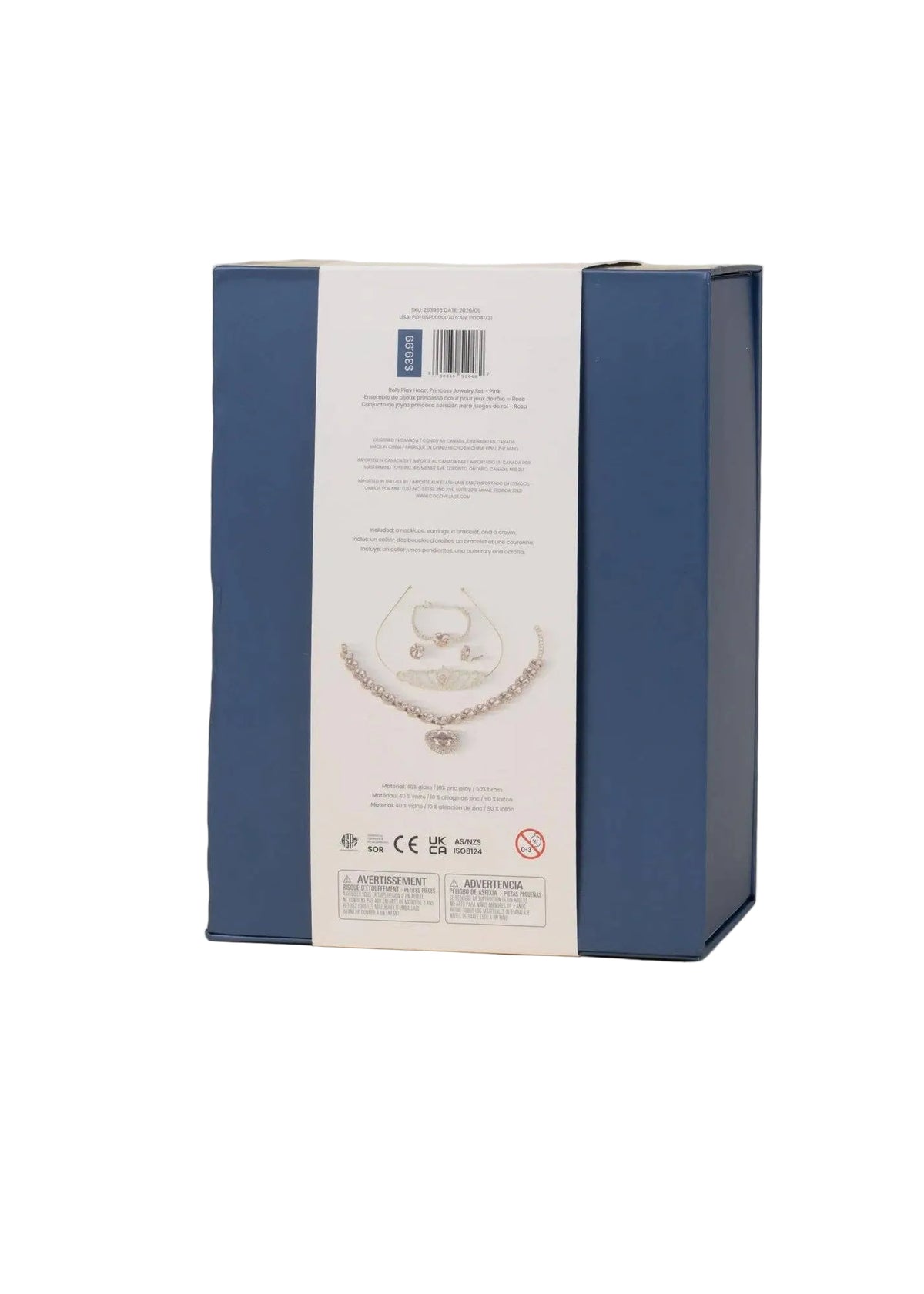The back of a blue jewelry gift box with a white paper insert showing product details and a necklace illustration, photographed on a light beige background.