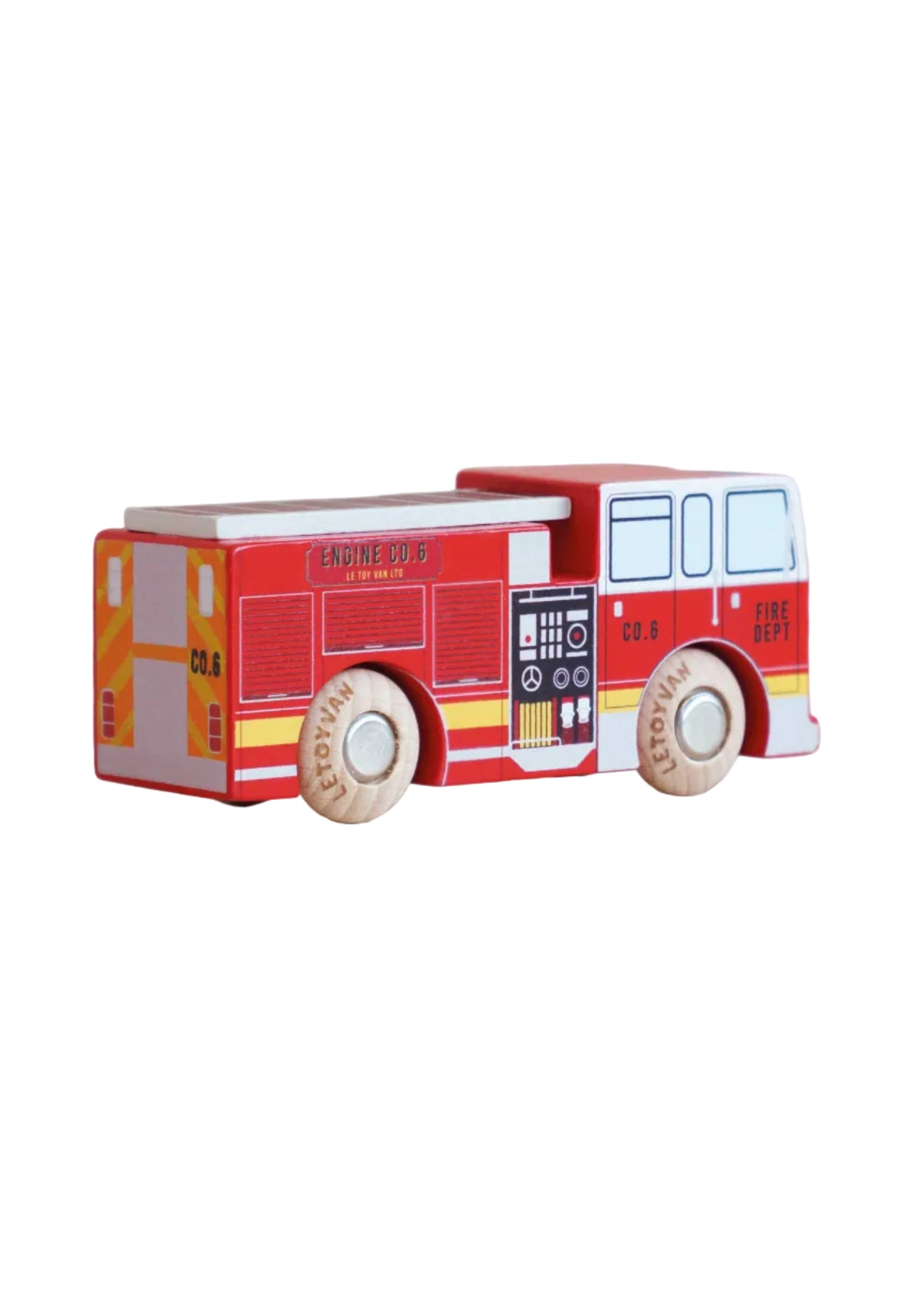 Wooden toy fire truck with red and white colors on a beige background