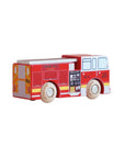 Wooden toy fire truck with red and white colors on a beige background