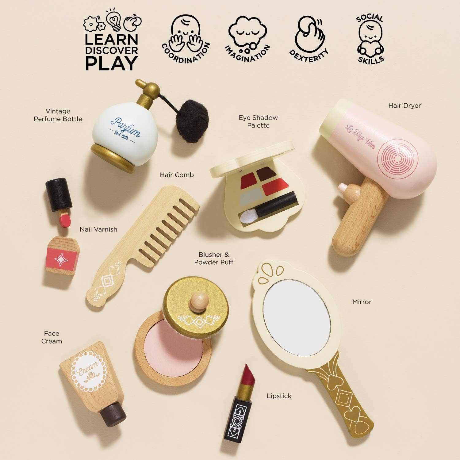 Collection of toy makeup items with labels on a beige background