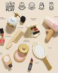 Collection of toy makeup items with labels on a beige background