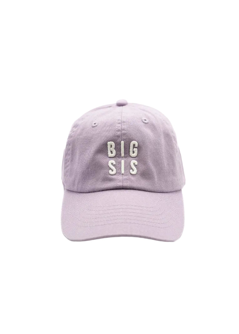 Lavender cap with 'BIG SIS' text on a white background
