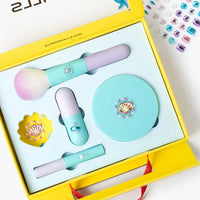 Set of beauty tools including a brush, compact mirror, and small bottle in a yellow box with 'Super Sunkills' branding.