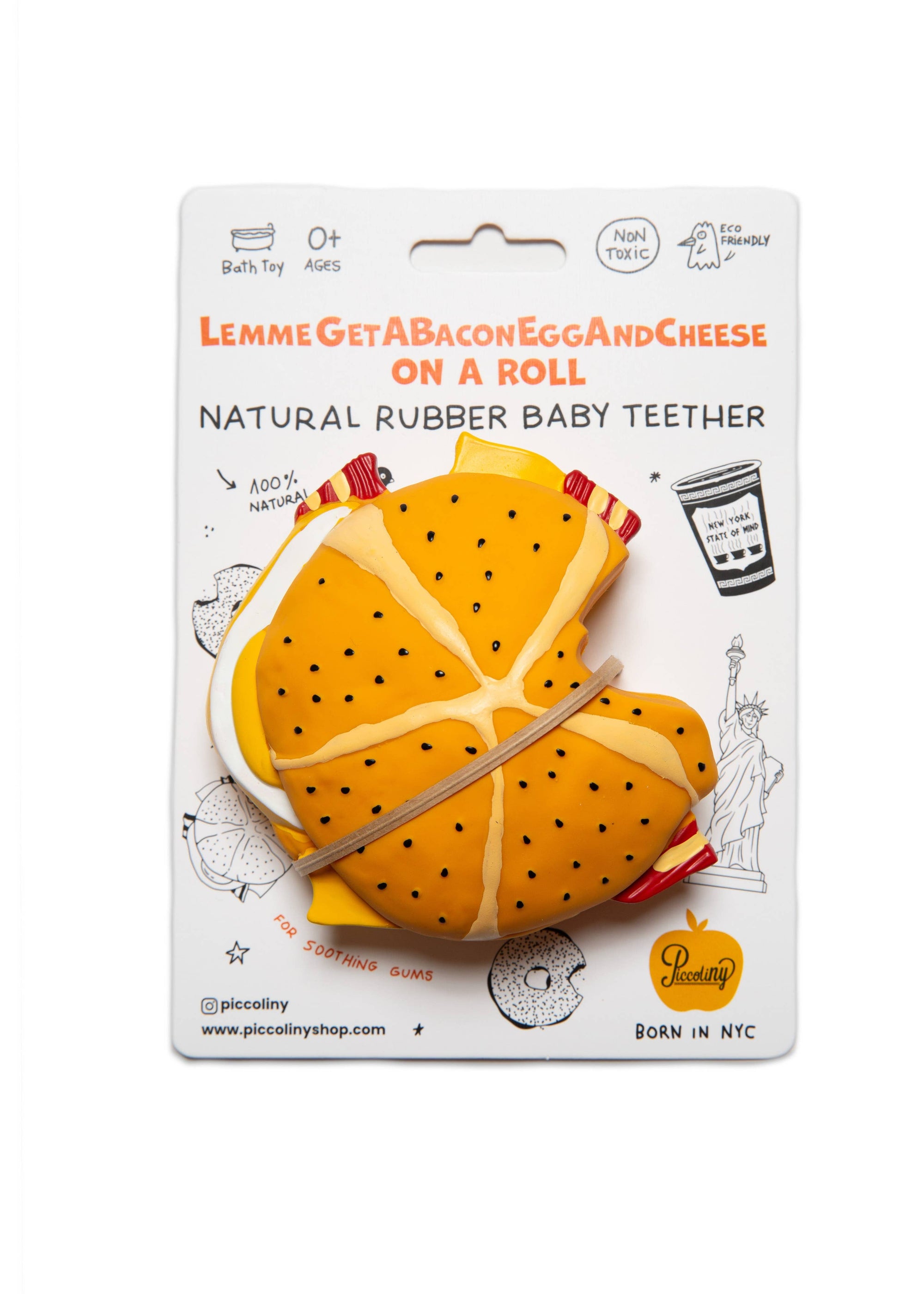 Baby teether packaging with cartoon design on a white background