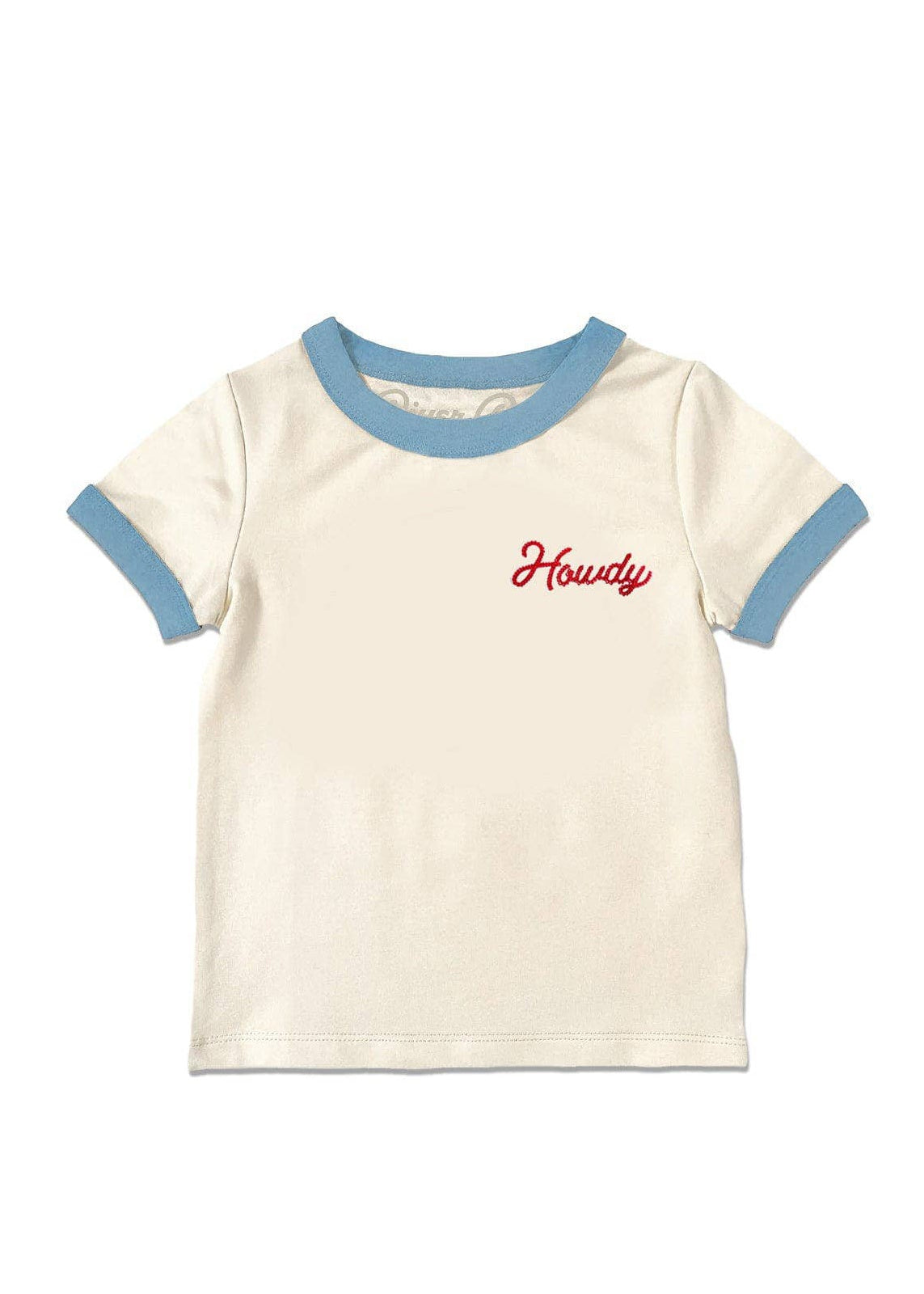 White t-shirt with blue trim and red text on a white background