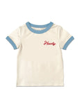 White t-shirt with blue trim and red text on a white background