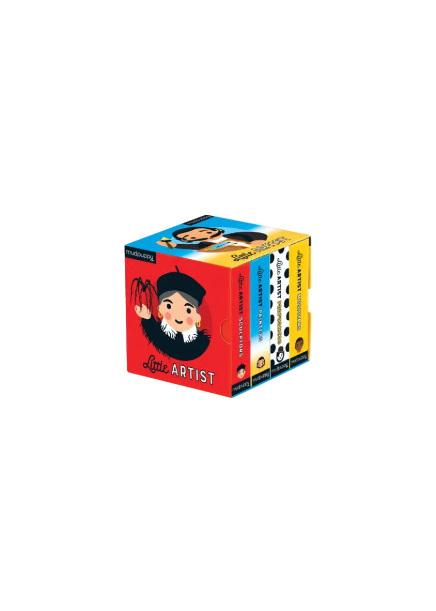 A boxed children's book set titled "Little Artist" by Mudpuppy, showing four colorful volumes standing in front of a red illustrated box. The set includes topics like scientists, painters, photographers, and musicians, with cartoon artist illustrations and bright red, blue, white, and yellow covers.