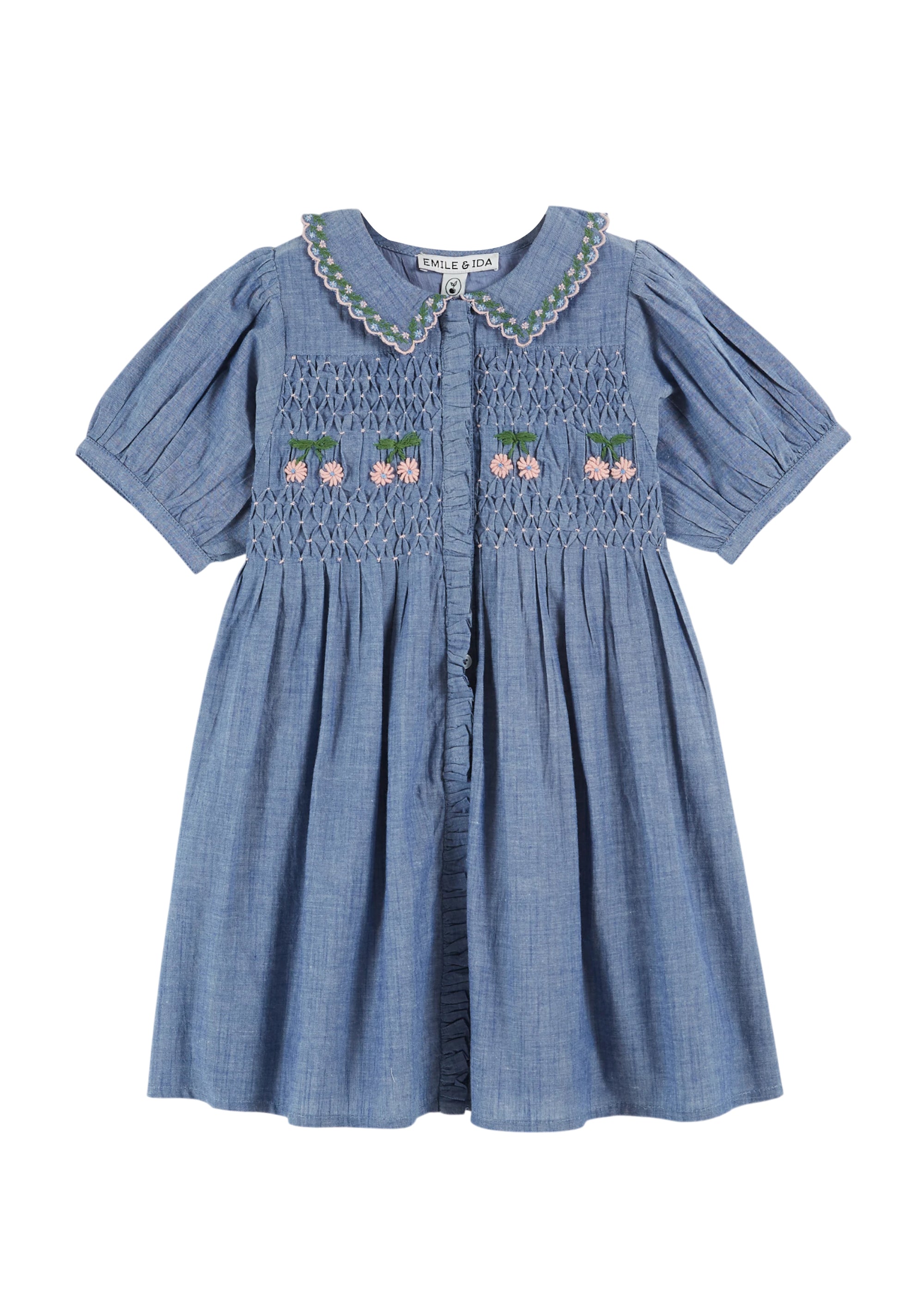 Blue dress with floral embroidery on a white background