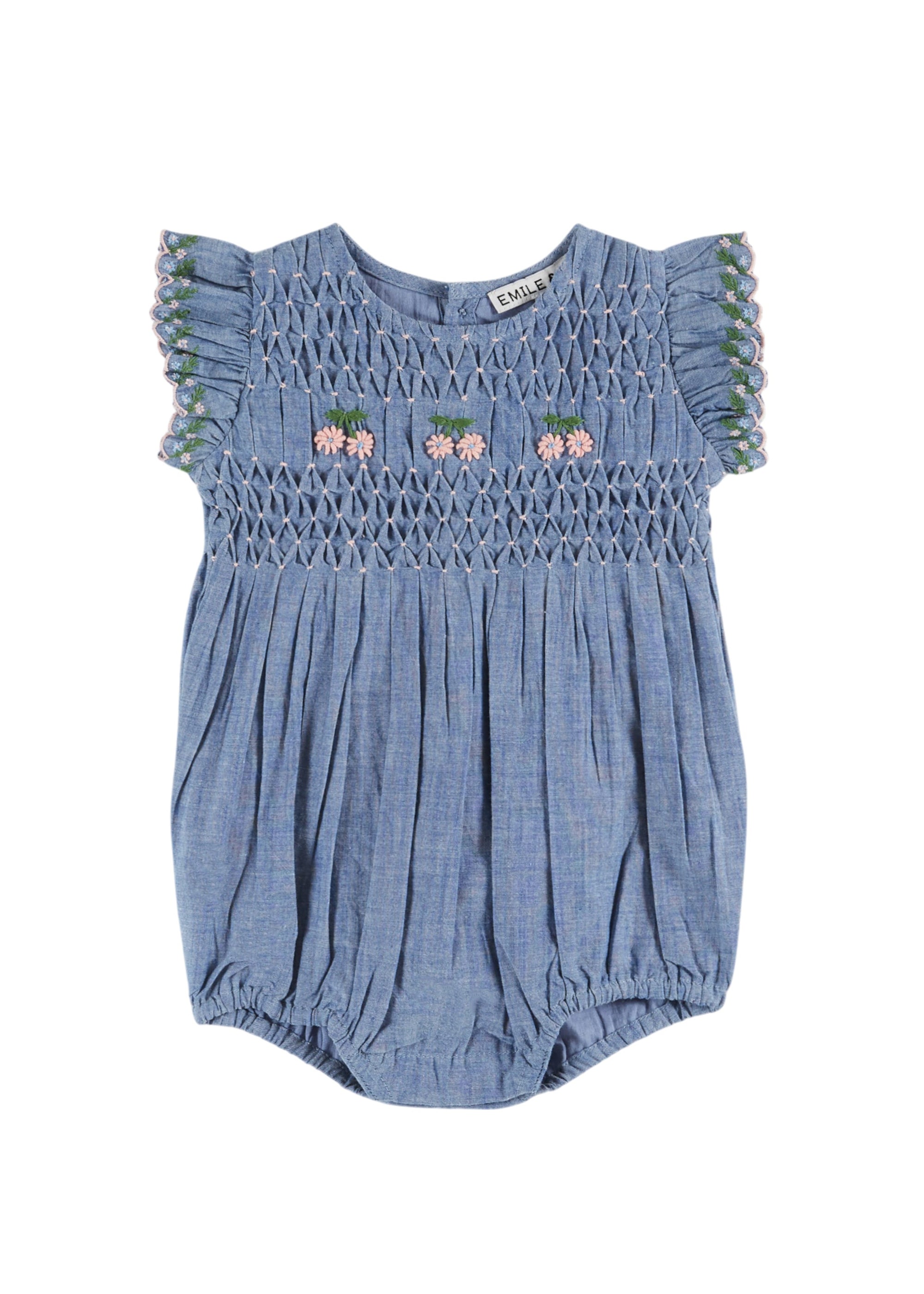 Blue baby romper with ruffled sleeves on a white background
