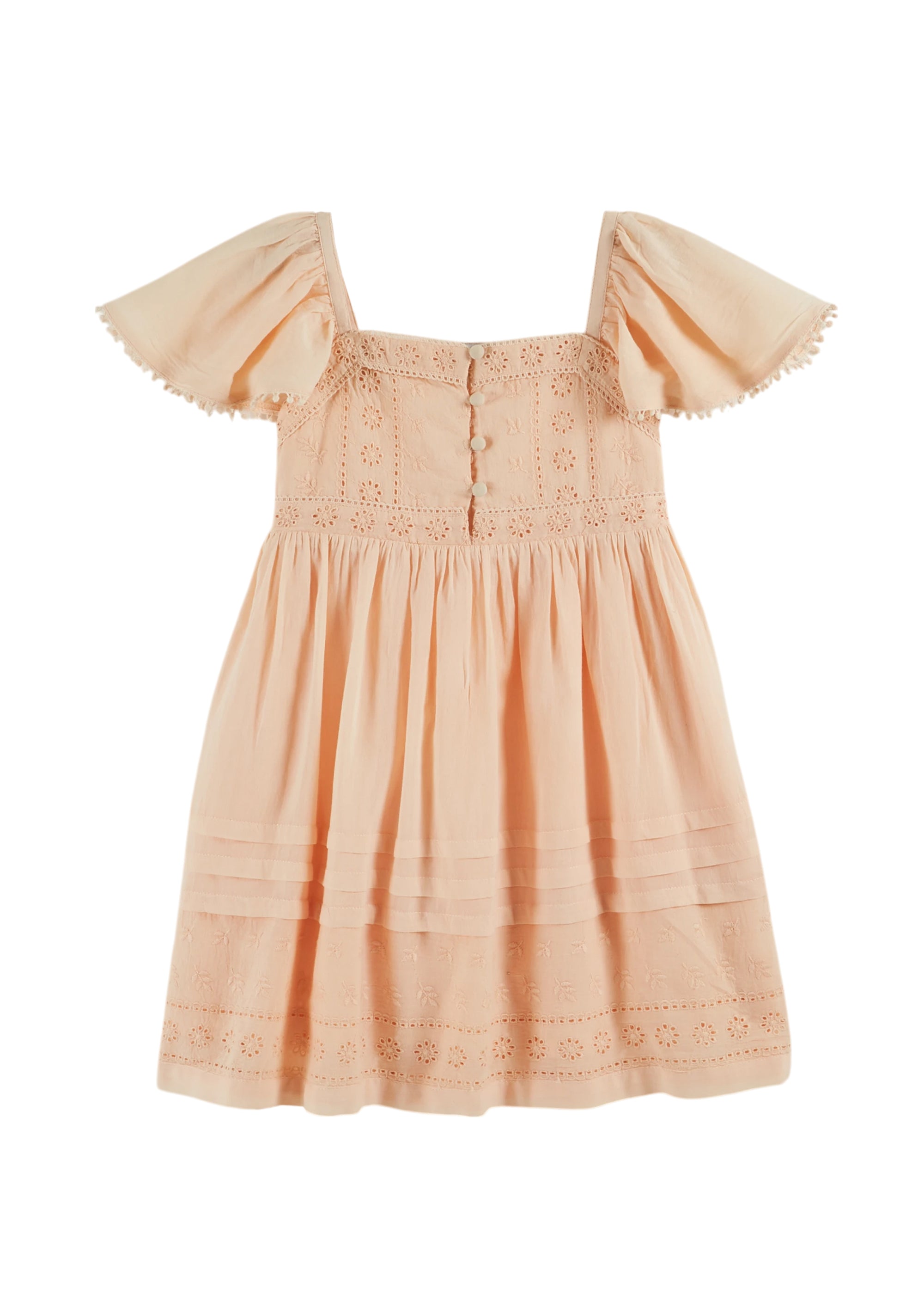 Peach-colored dress with ruffled sleeves on a white background