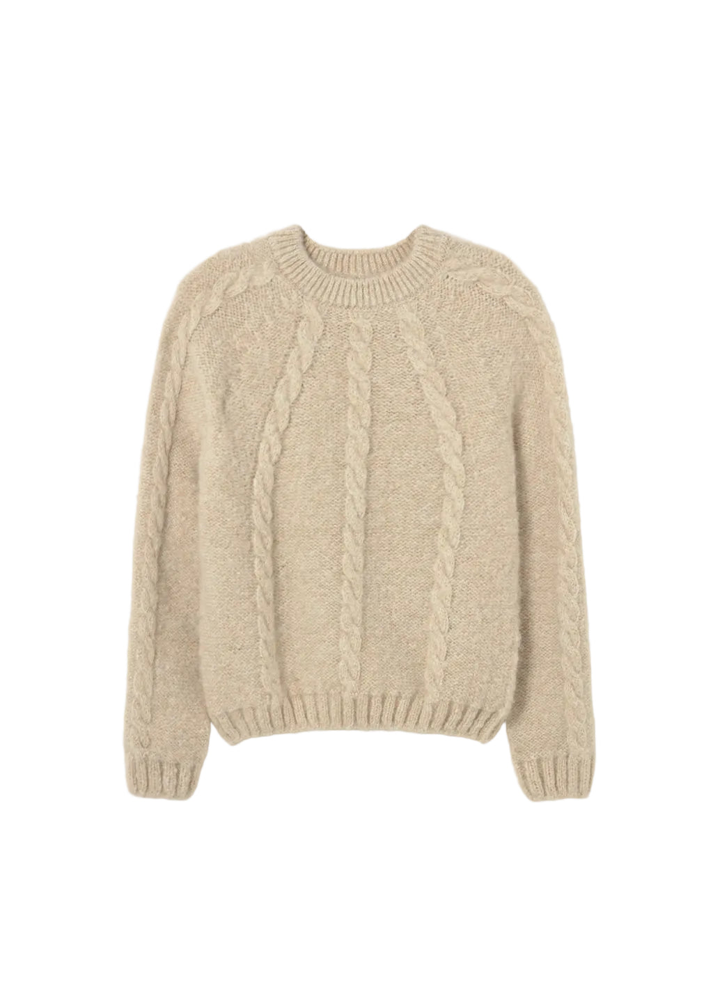 A beige cable-knit crewneck sweater with ribbed cuffs and hem, displayed against a light gray background.