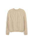 A beige cable-knit crewneck sweater with ribbed cuffs and hem, displayed against a light gray background.