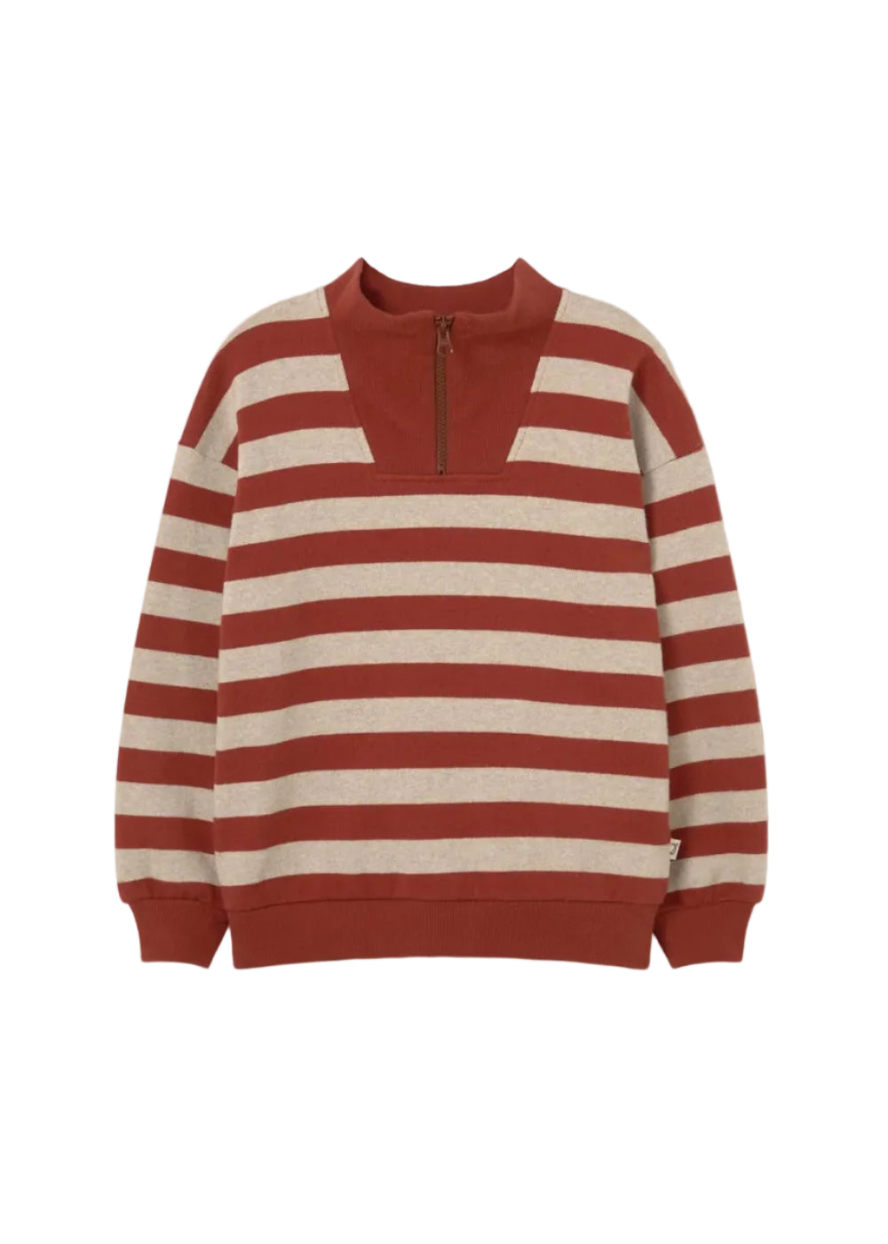 Striped sweater with red and beige pattern on a white background
