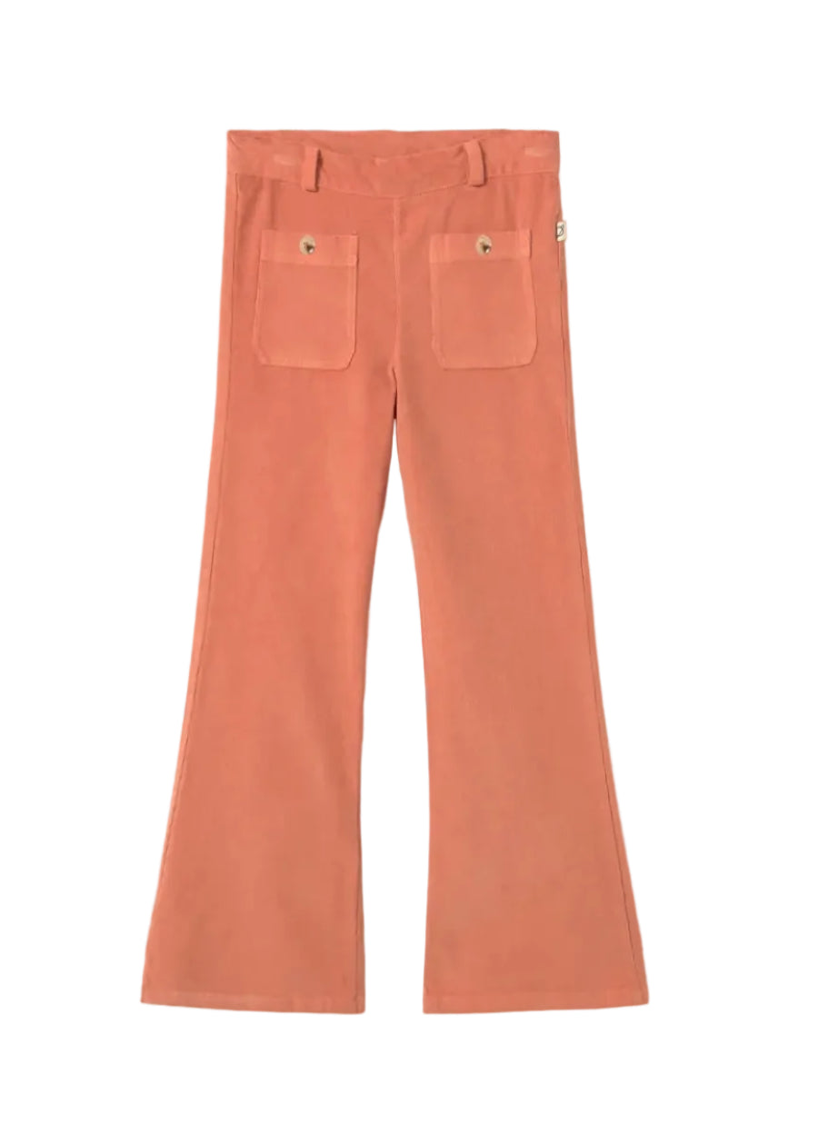 A pair of wide-leg trousers in a muted terracotta or burnt orange color, shown from the back with two back pockets and button details, laid flat on a light gray background.