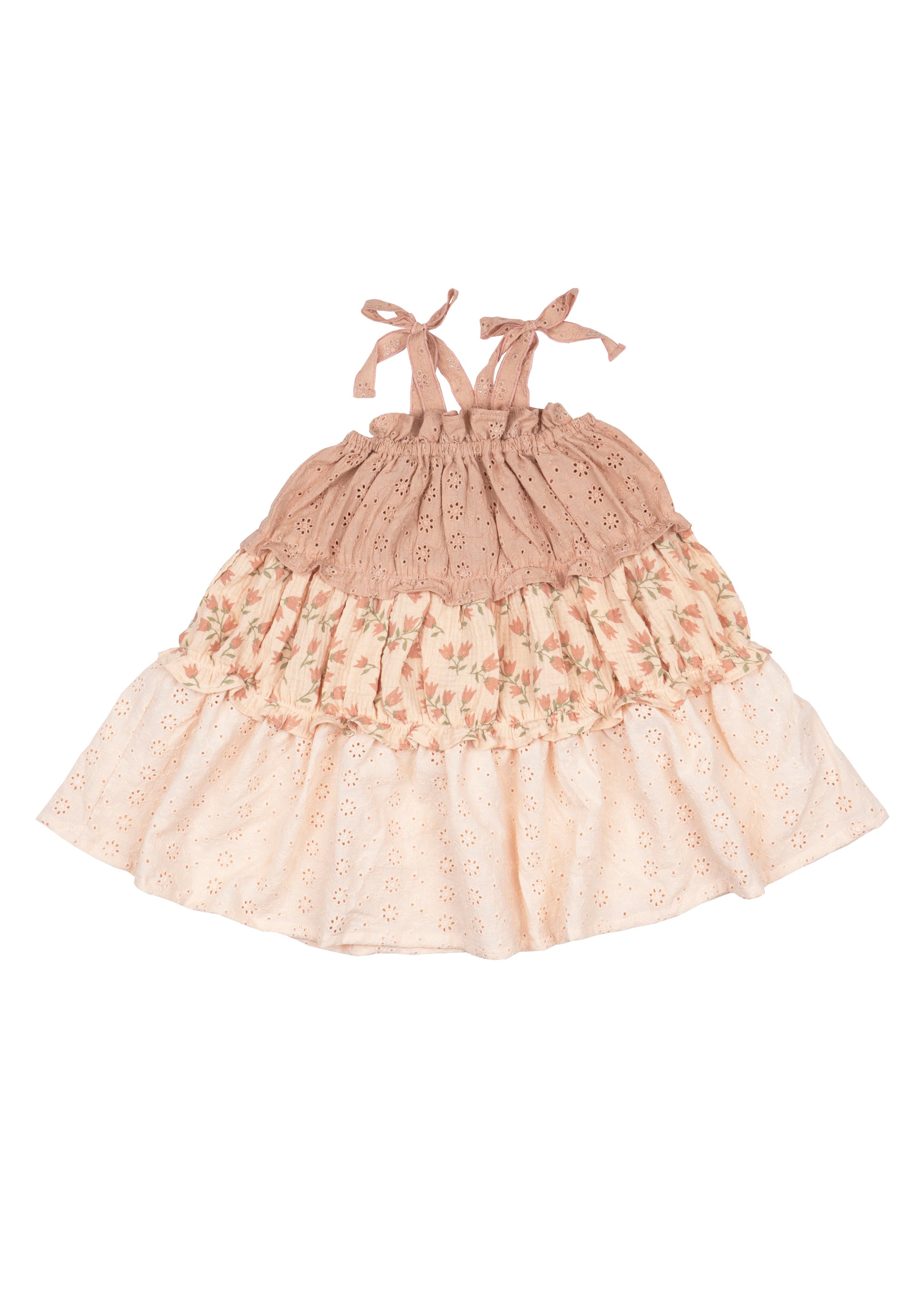 Beige lace dress with ruffled layers on a white background