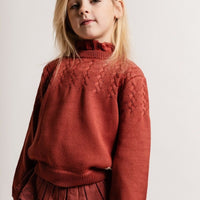 Young girl wearing a red sweater and skirt against a plain background