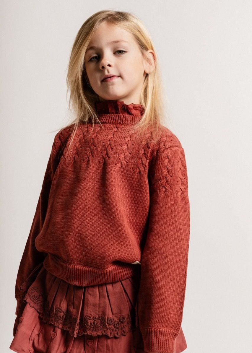 Young girl wearing a red sweater and skirt against a plain background