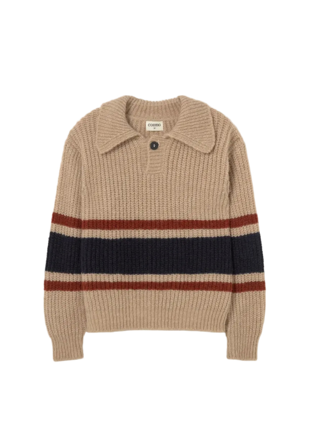 Beige sweater with black and red stripes on a white background