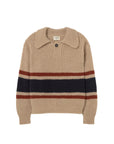 Beige sweater with black and red stripes on a white background