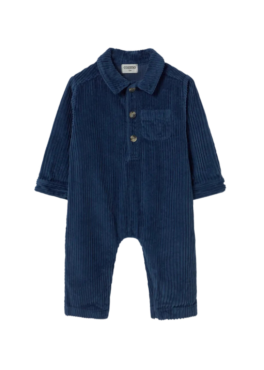Blue corduroy baby romper on a light gray background