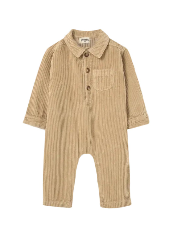A baby's long-sleeve corduroy romper in a warm tan color, featuring a buttoned collar and chest pocket, displayed on a light gray background.