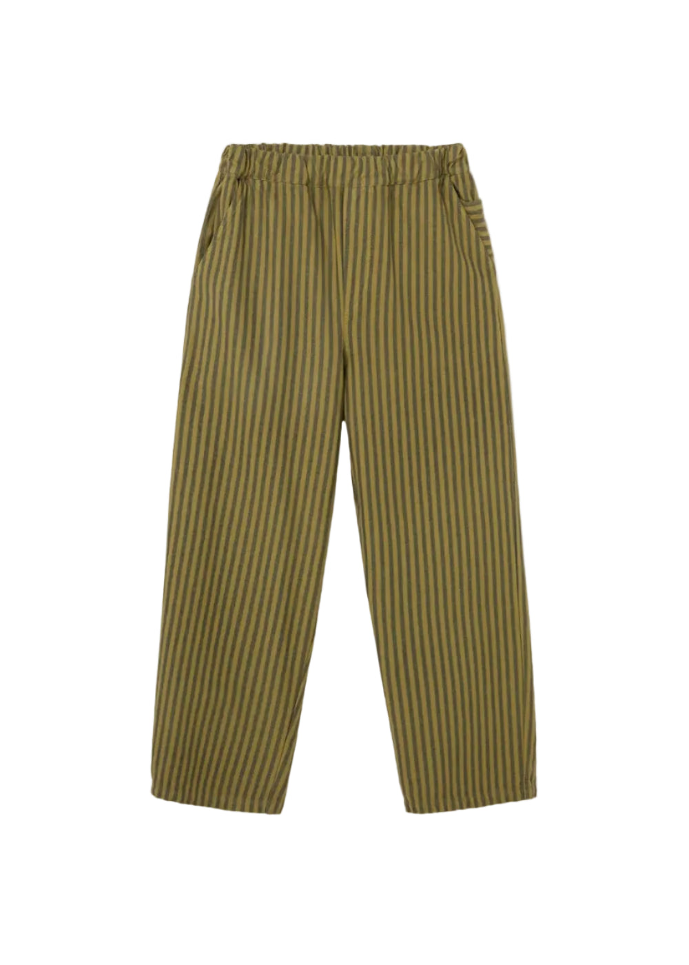 A pair of olive green trousers with thin vertical black stripes, featuring an elastic waistband and side pockets, laid flat against a light gray background.
